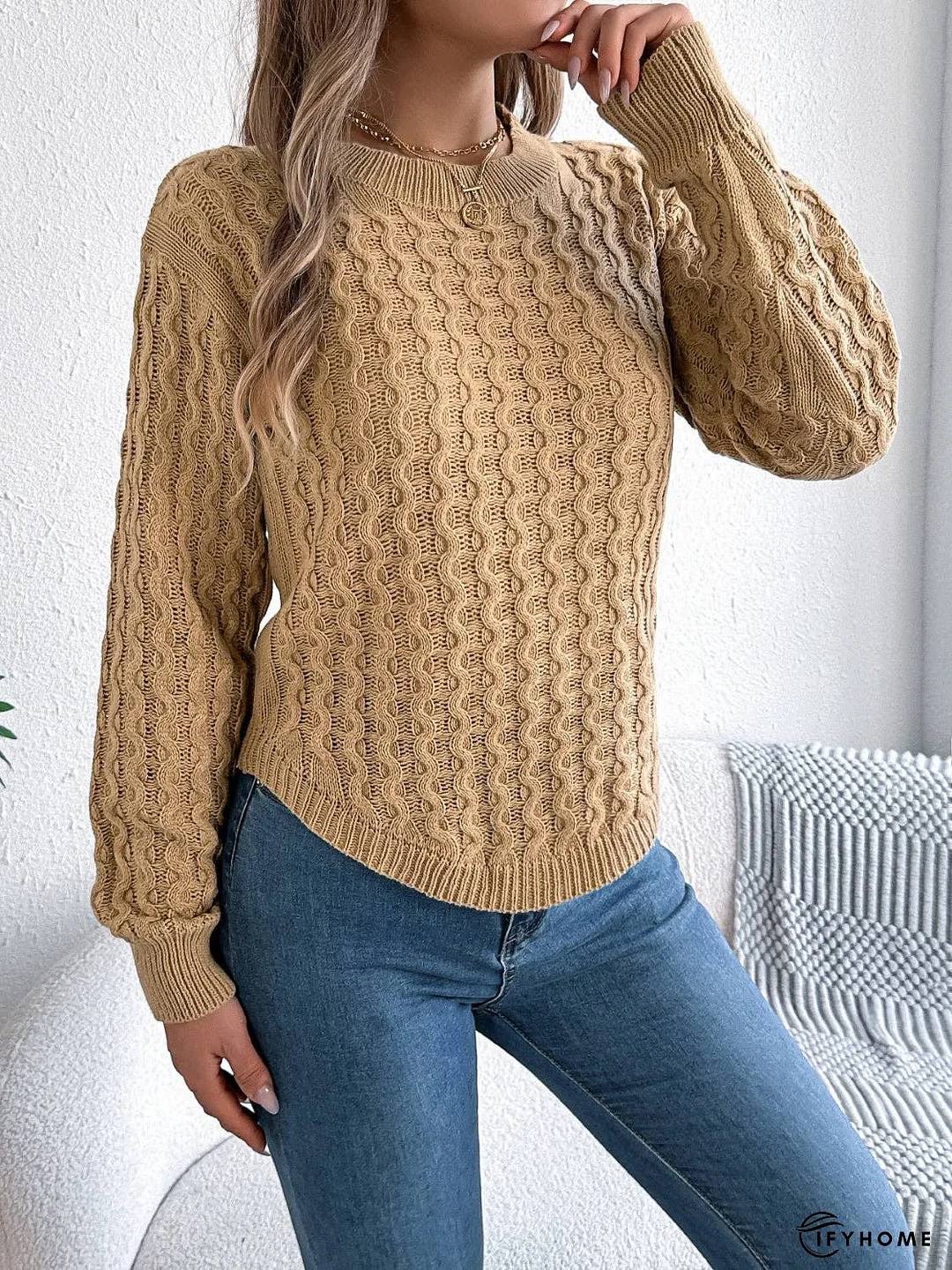 Asymmetric Hem Round Neck Long Sleeve Sweater | IFYHOME