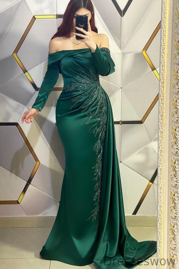 Dresseswow Green Off-The-Shoulder Long Sleeves Mermaid Prom Dress Beadings