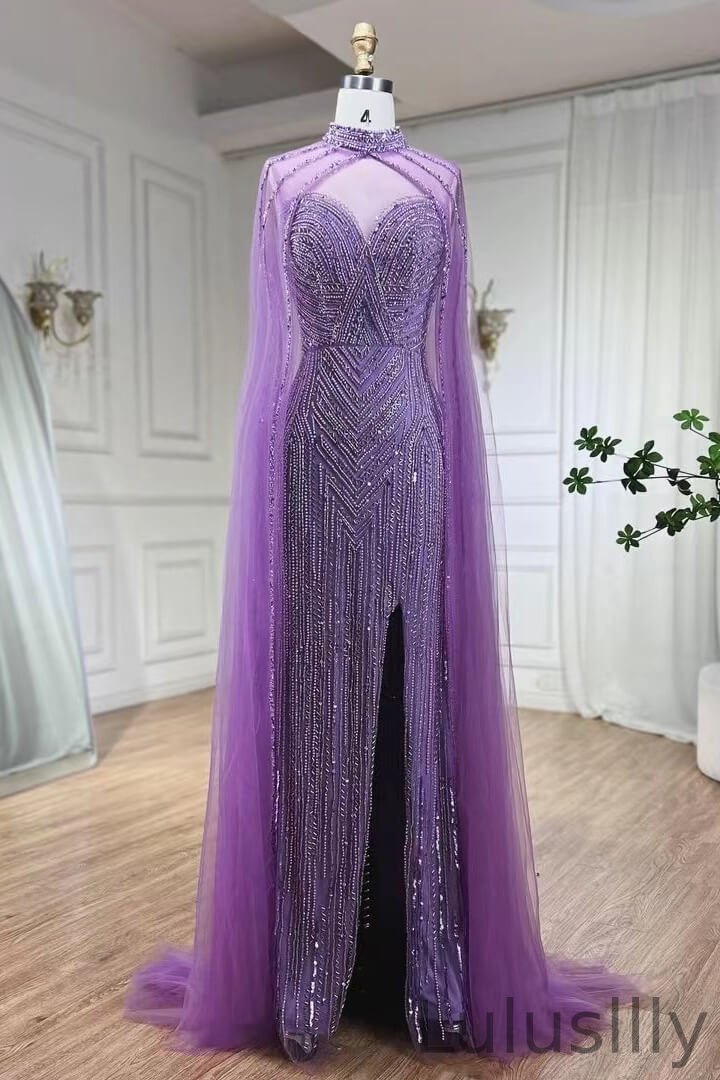 Classic Scoop Detachable Cape Mermaid Evening Gown With Split Beadings Long - lulusllly