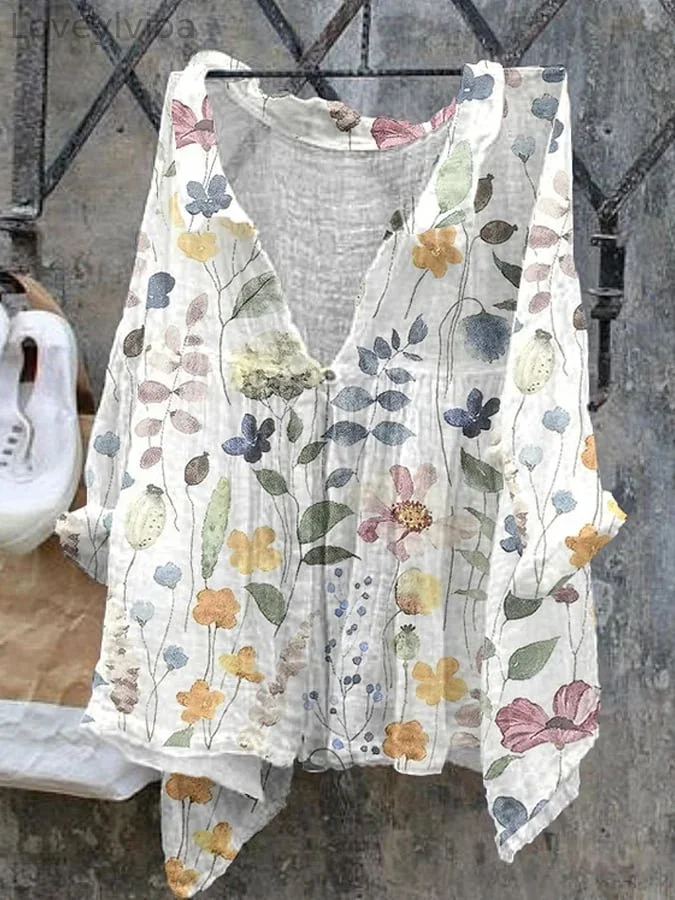 Women's Floral Print Casual Cotton Linen Shirt