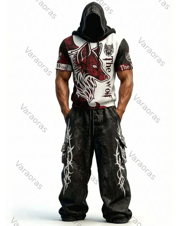 Men's Fashion Viking Contrast Color Embroidered Hoodie & Pants Two-Piece Set 8033