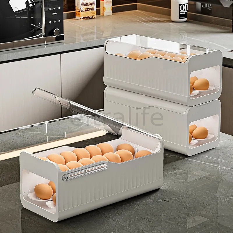 Egg box slide-out egg roller drawer-style，double-layer egg rack，refrigerator side door egg preservation storage box  eltralife