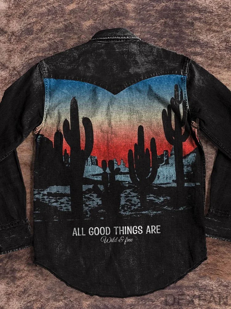 Black All Good Things Are Wild and Free Vintage Print Casual Shirt
