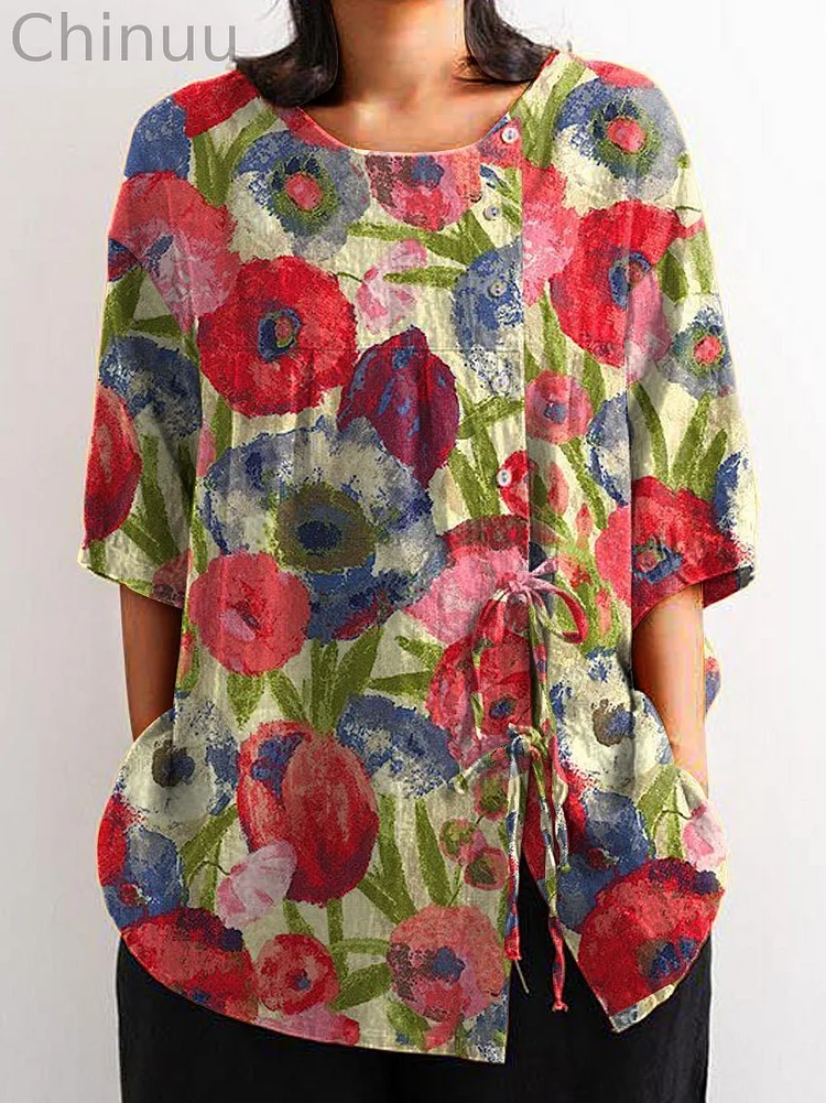 Women's Flower Print Casual Cotton And Linen Shirt