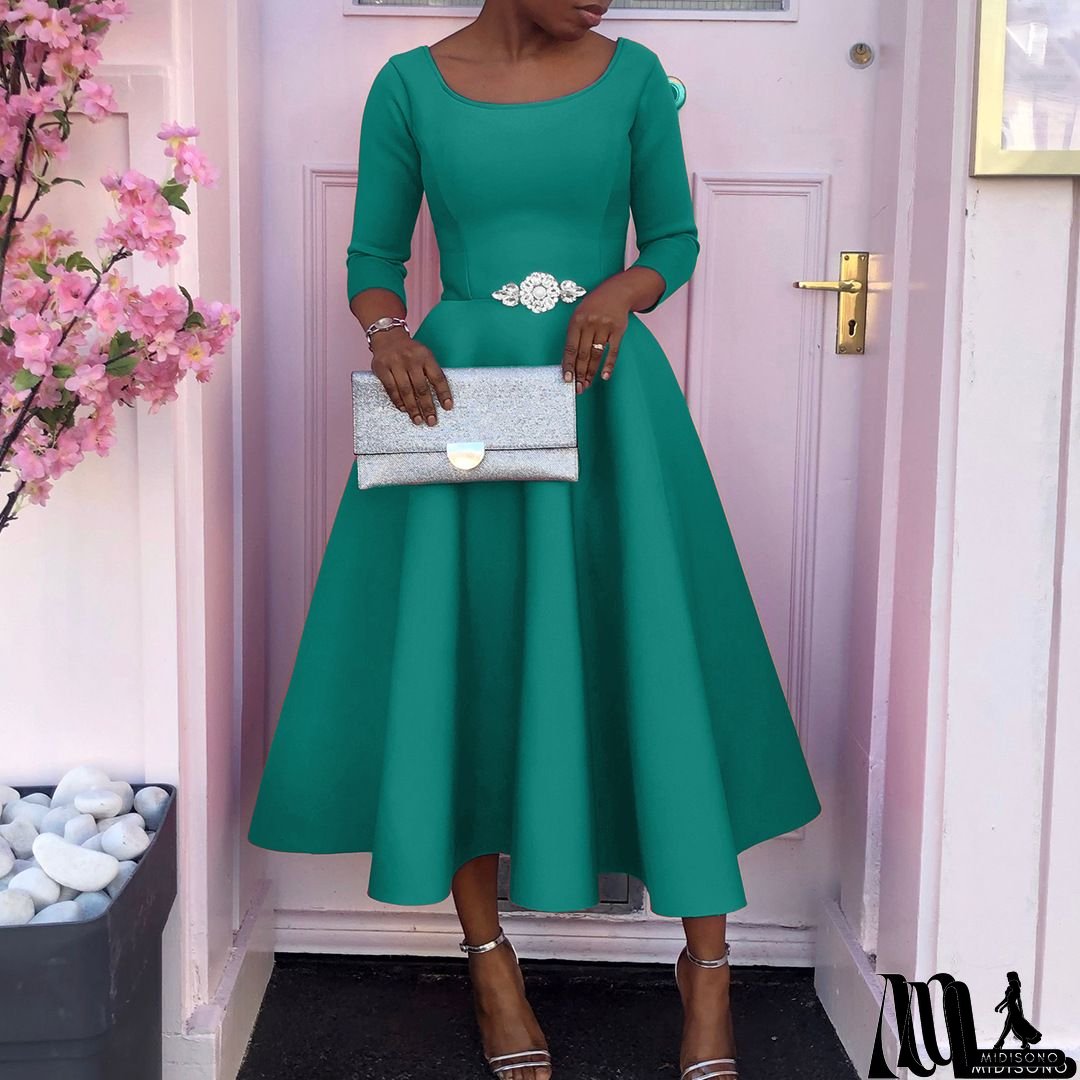 Elegant French-Inspired Midi Dress With Ruffled Hem - Light Green, Long Sleeves, Round Neck, Cinched Waist, Perfect For Spring & Fall, Casual Elegance|Ruffled Hem Dress|Cinched Waist Design