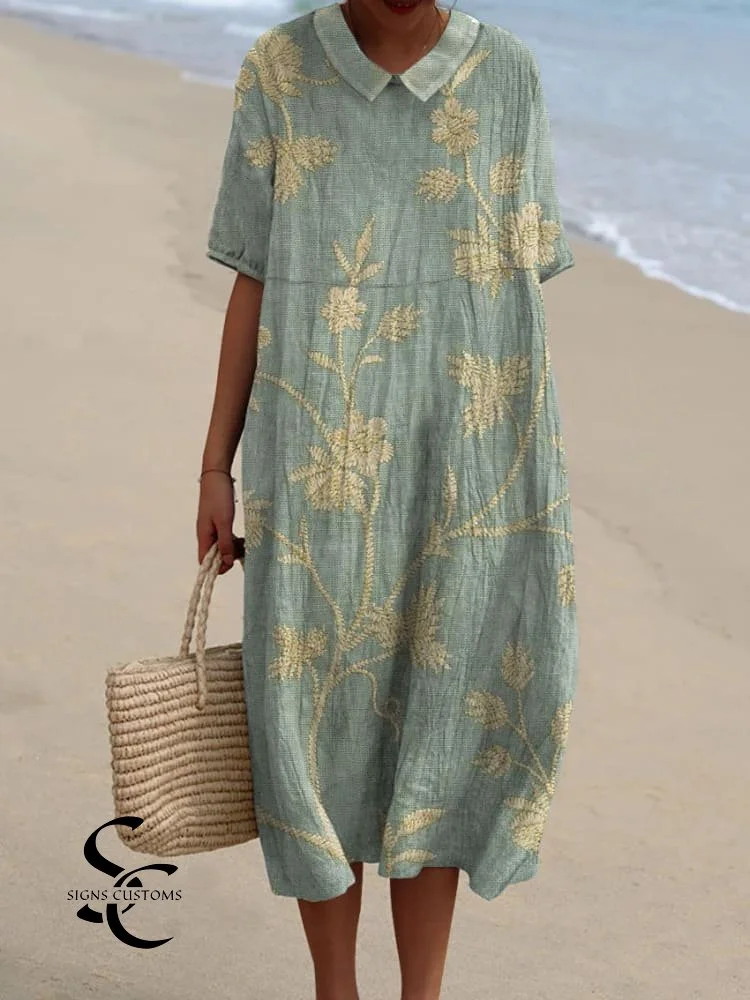 Women's Retro Floral Art Print Linen Dress with Pockets