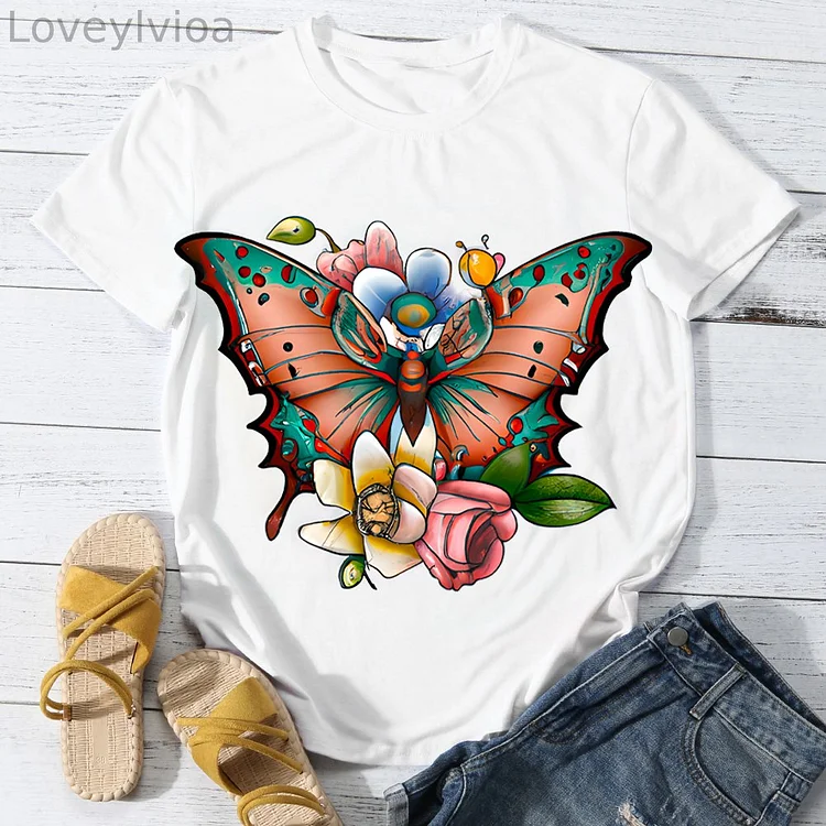 Elegant Butterfly  Women Round Neck T-shirt BSTCA0015