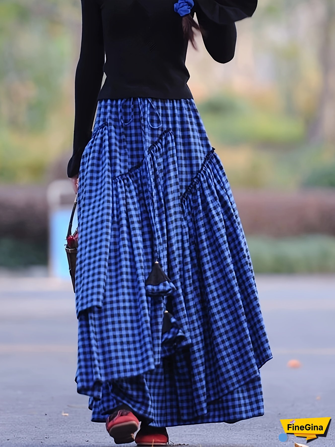 [Blue Gingham Skirt] Maxi Length Blue & Black Gingham Check A-Line Skirt | Women's Loose Fit, Machine Washable, No Stretch Fabric for Spring/Summer Casual & Formal Outfits