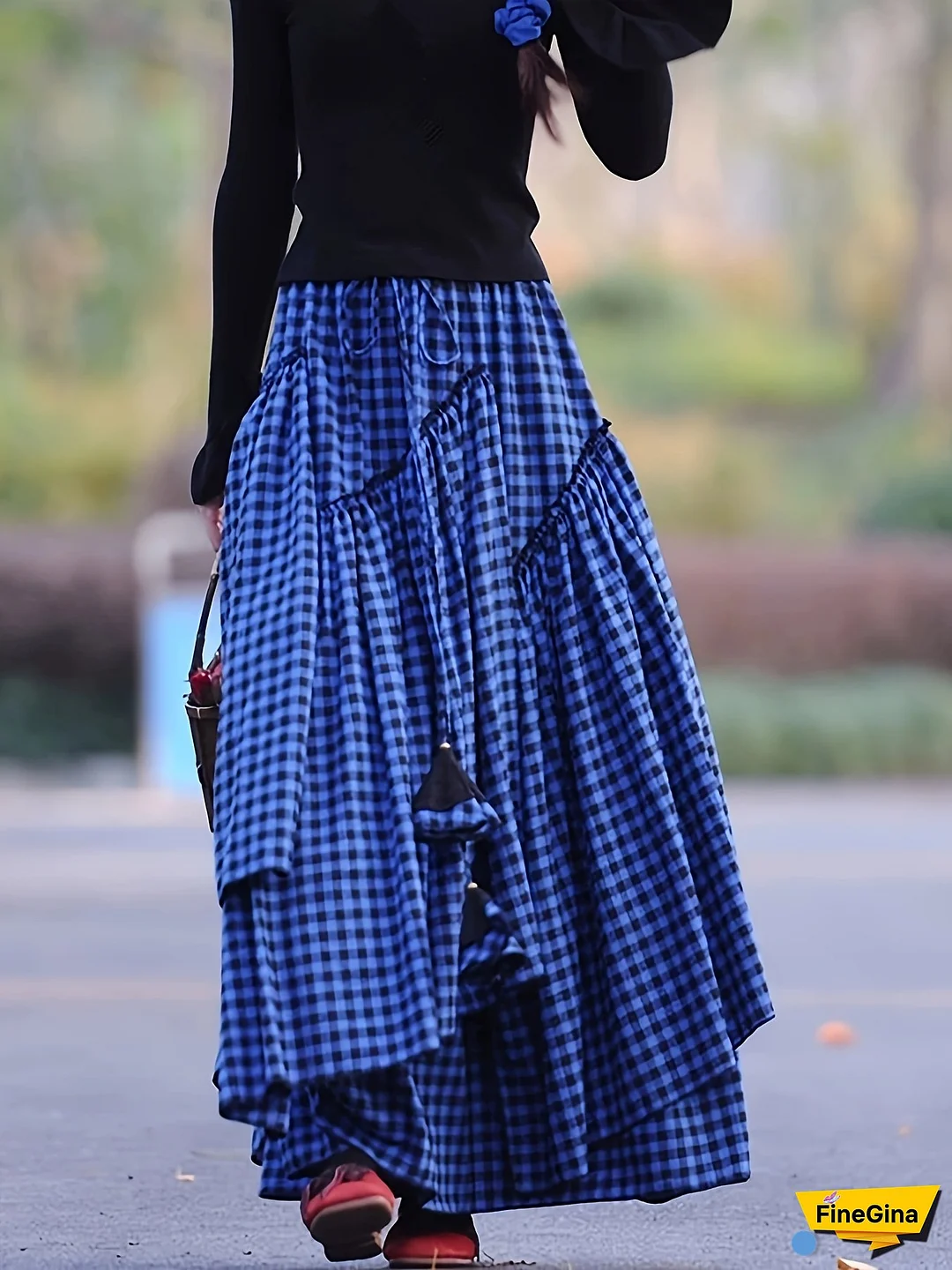 [Blue Gingham Skirt] Maxi Length Blue & Black Gingham Check A-Line Skirt | Women's Loose Fit, Machine Washable, No Stretch Fabric for Spring/Summer Casual & Formal Outfits