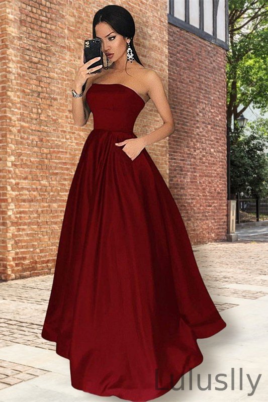 Luluslly Strapless Burgundy Long Prom Dress With Pockets