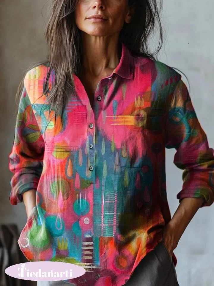 Abstract Dream Core Art Printed Women's Casual Cotton And Linen Shirt