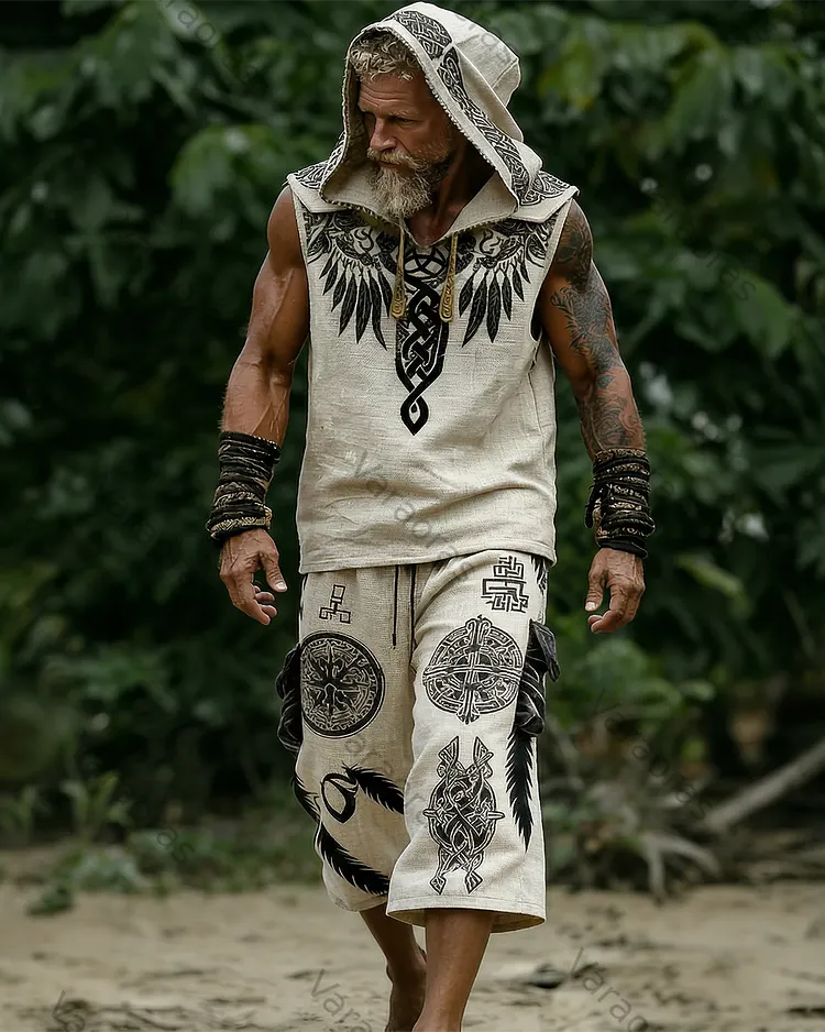 Men's Viking Color-Block Linen Sleeveless Hooded Top and Pants Two-Piece Set 3313