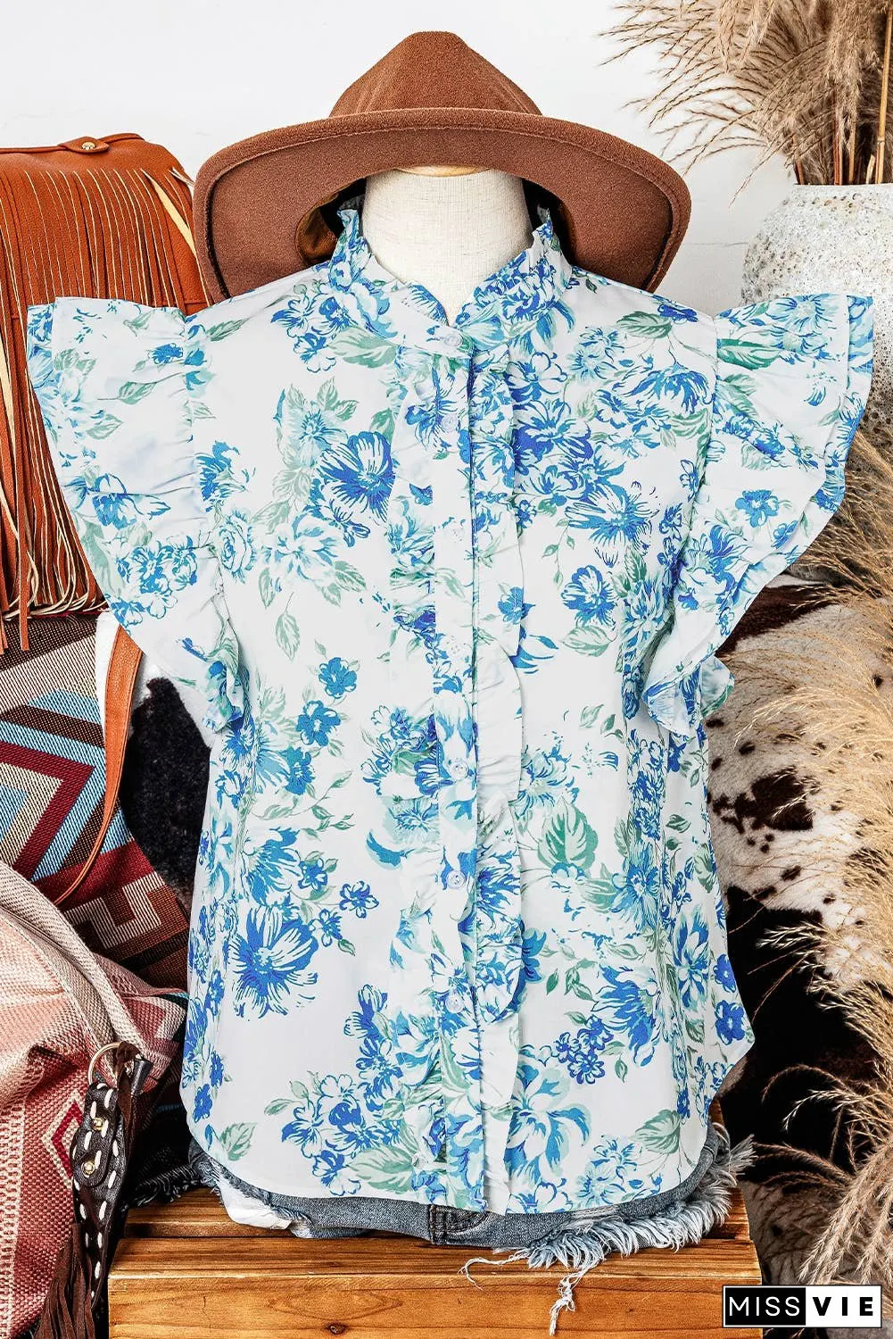 Fashion-W Floral Print Ruffle Sleeve Frilly Button Up Shirt