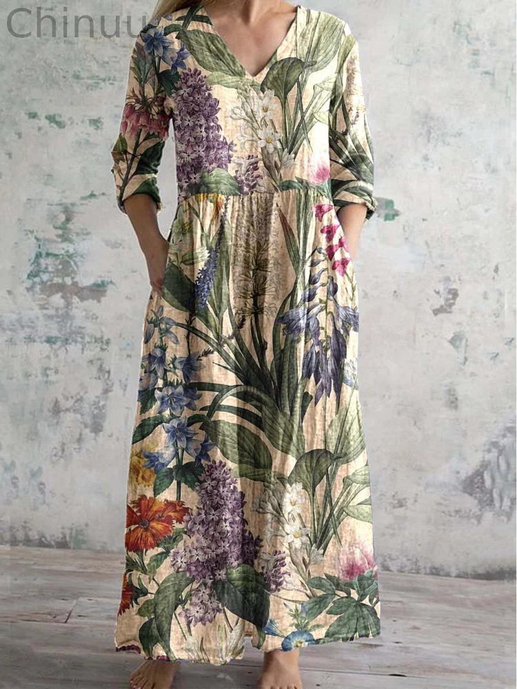 Women's Elegant V-Neck Floral Pattern Cotton and Linen Dress
