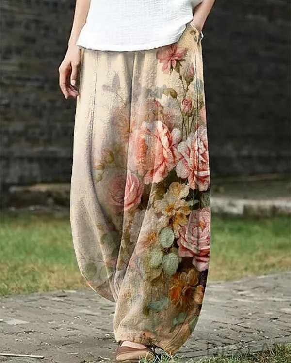 Retro Chic Old Floral Print Loose Pants