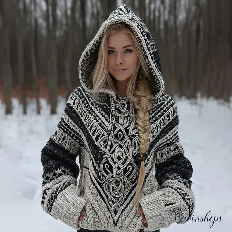 Women's Vintage Viking Celtic Knot Cozy Knit Hooded Sweater