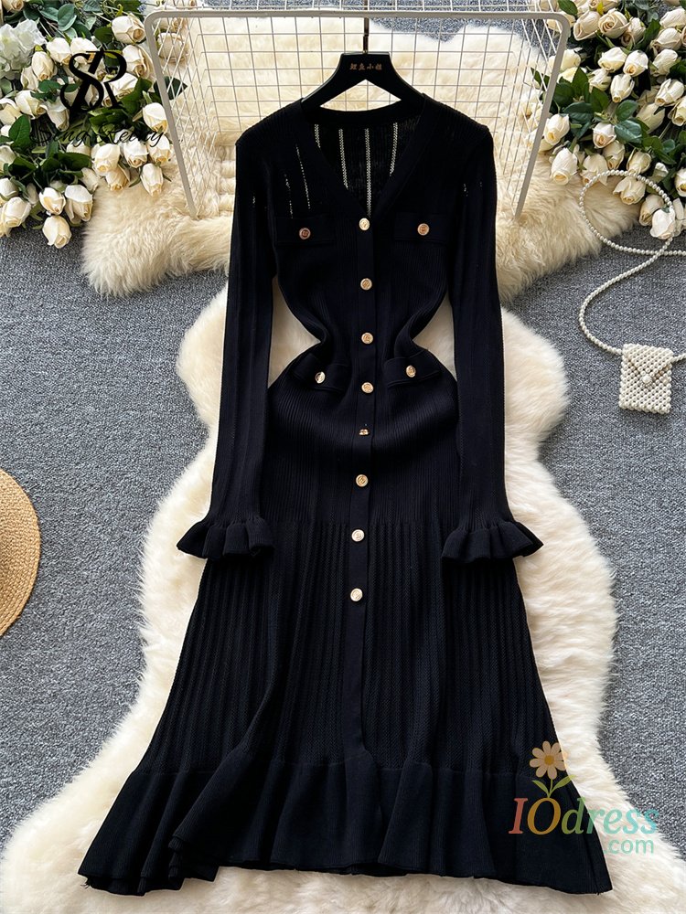 IO Dress SINGREINY Autumn Office Lady Long Dress Women Winter V Neck Long Sleeves Chic Button Ruffles 2024 Sweet Streetwear Knitted Dress IO Dress