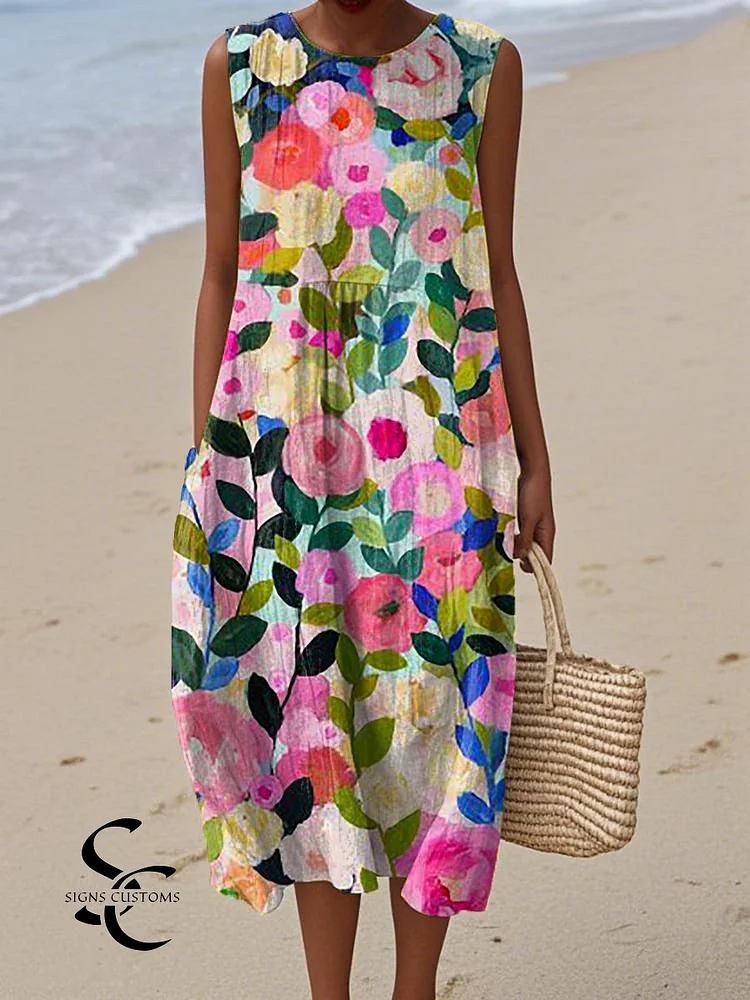 Women's Lovely Floral Pattern Art Print Sleeveless Cotton Pocket Wrap Dress