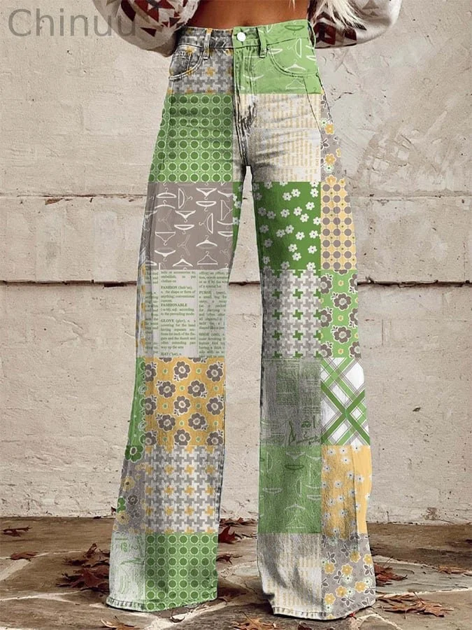 Women's Retro Contrasting Floral Patchwork Design Wide-Leg Pants