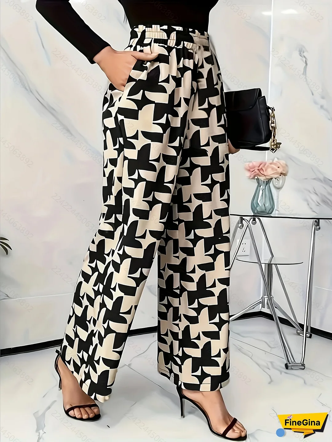 [Elegant Wide-Leg Pants] High Waist Women's Elegant Geometric Print Wide-Leg Pants | Casual Loose Tie-Up Trousers with Pockets | Black and White Pattern, Comfortable Fashion for Spring/Summer/Fall
