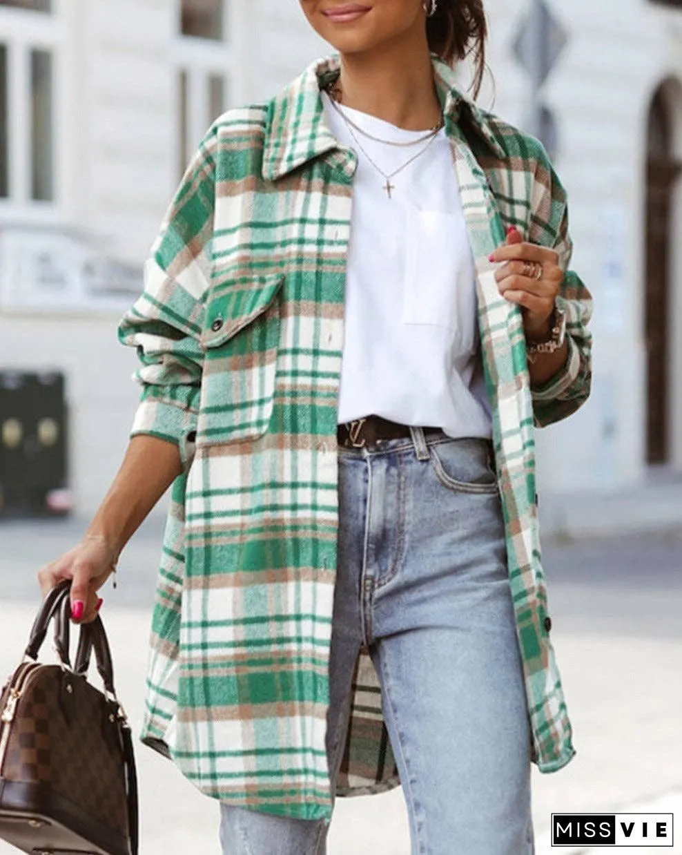 Plaid Flap Pocket Buttoned Shacket