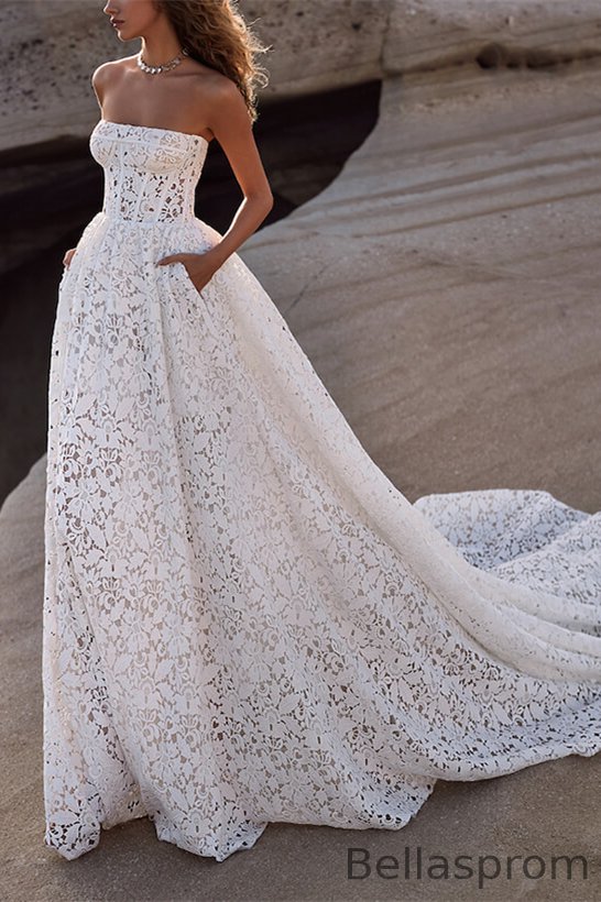 Bellasprom Strapless Full Lace Beach Wedding Dress Long With Pocket Lace-up Bellasprom