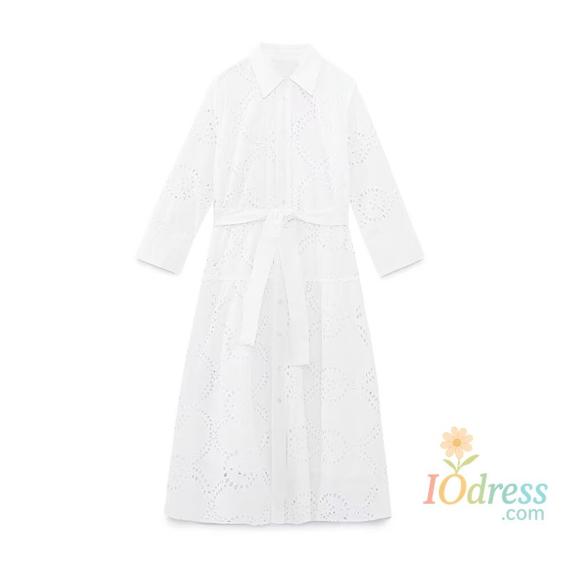 IO Dress SIYANG 2024 New White Embroidery Midi Dress Long Sleeve Shirt Dress Regular Fit Fashion Women's Dress Mujer Chic Vestidos IO Dress