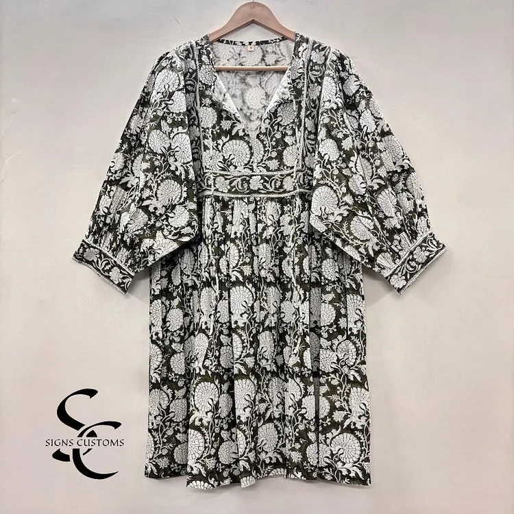 Green Floral Hand Block Print Midi Dress &ndash; Bohemian Cotton Tunic for Women with String Closure