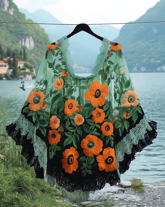 Summer Vacation Lace Chiffon Contrast Top d73d