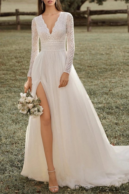 Dresseswow V-Neck Long Sleeves Tulle Wedding Dress A-Line Lace With Slit