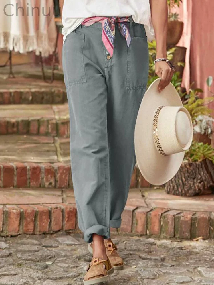 Solid Color Patch Pocket Buttoned Casual Trousers