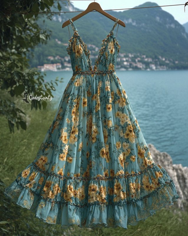 Summer Vacation Floral Print Chiffon Contrast Maxi Dress 5196