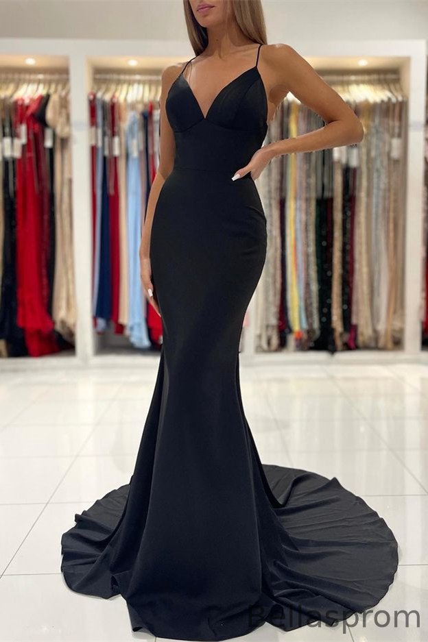 Bellasprom Black Mermaid Prom Dress V-Neck Online Spaghetti-Straps Bellasprom