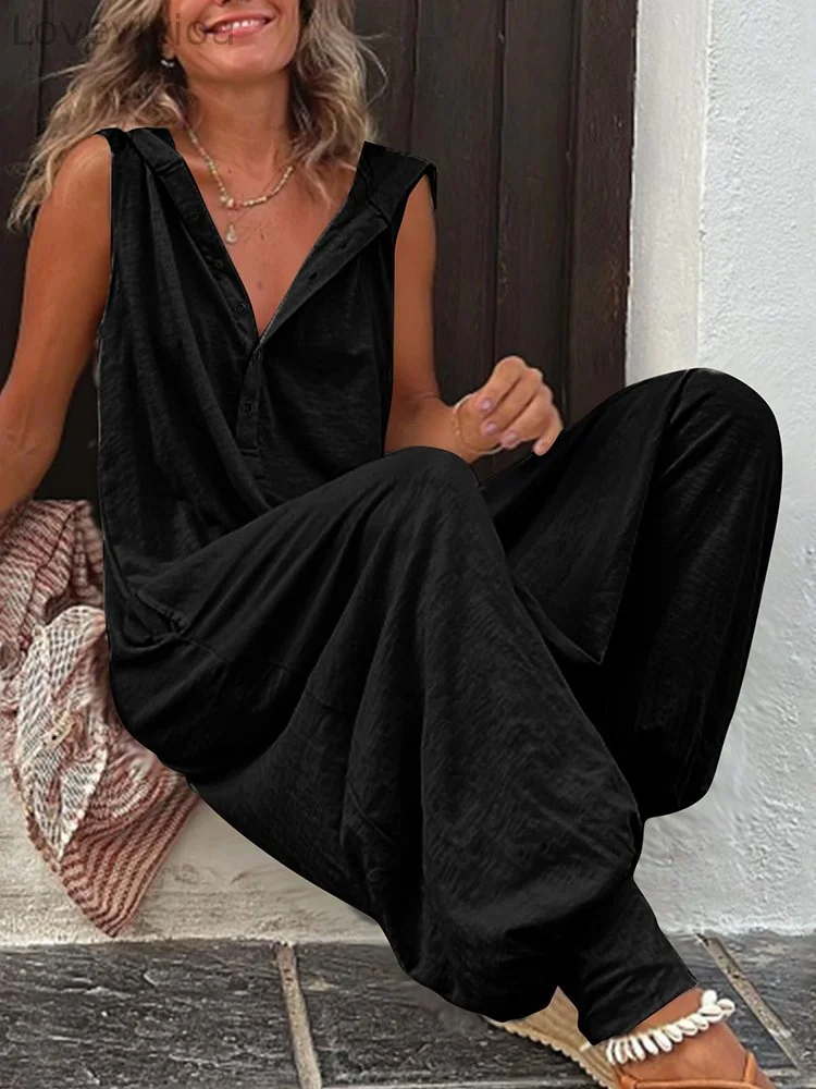 Solid Button Hooded Sleeveless Jumpsuit