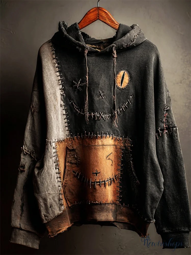 Halloween Black Cat Face Colorblock Patchwork Washed Hoodie