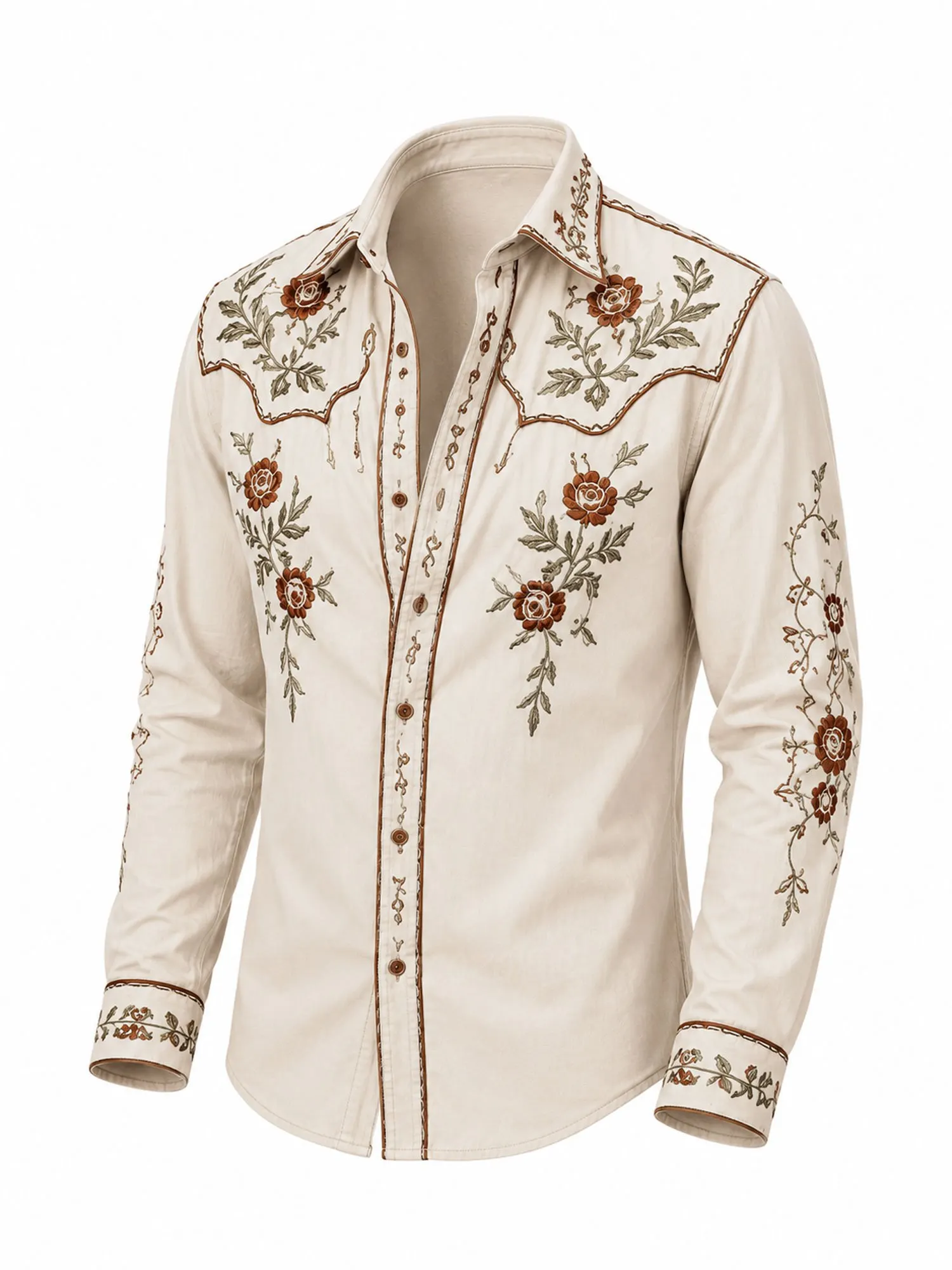 Perfect for a Western Country Concert &mdash; Oatmeal Cream & Terracotta Red Rose Floral Long-Sleeve Shirt-100% Cotton