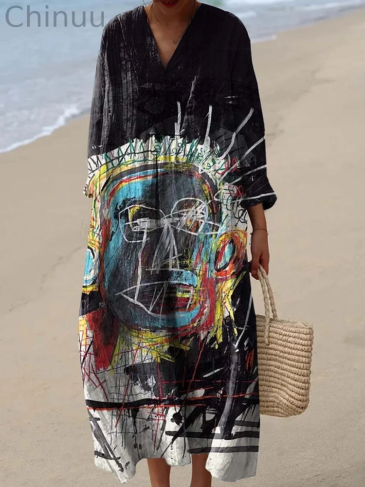 Women's Vintage Abstract Figure Art Print Flowy Dress