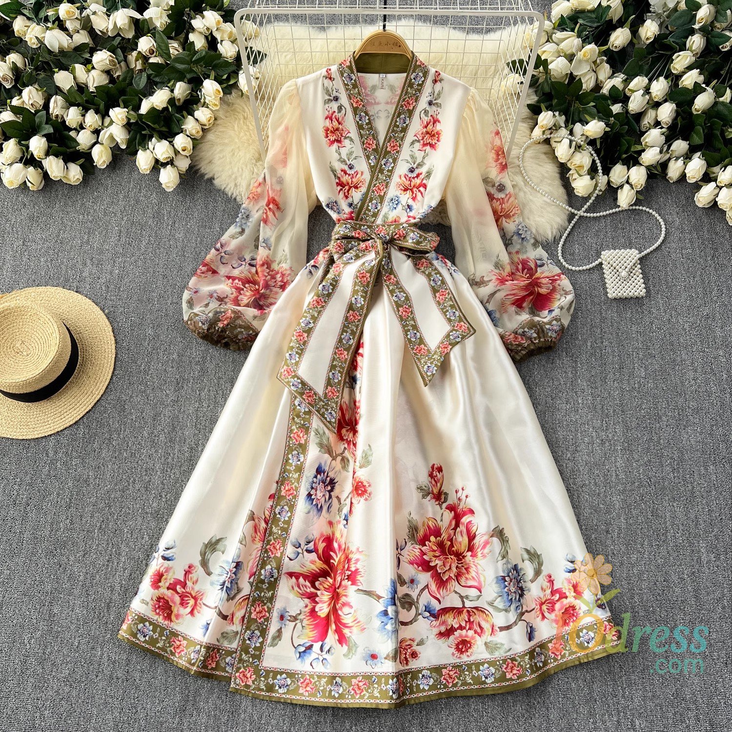IO Dress Vintage Flower Bandage Bow Wrap Dress Women's Clothiing Runway V Neck Long Lantern Sleeve Flower Print Pocket Maxi Robe Vestidos