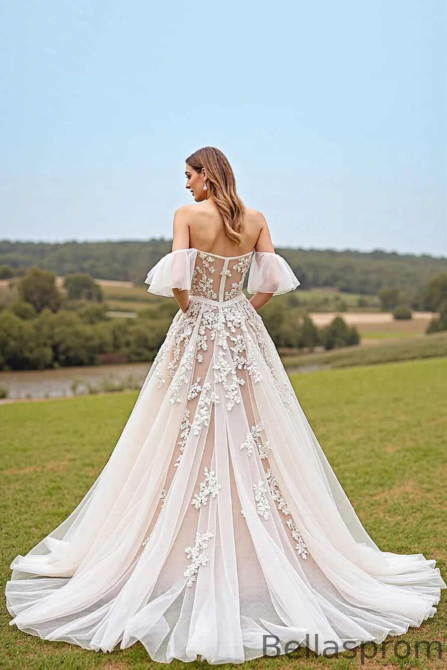 Bellasprom Champagne Sweetheart Ruffle Sleeves Princess Tulle Wedding Dress Lace Appliques Off-The-Shoulder Same As Picture-US2