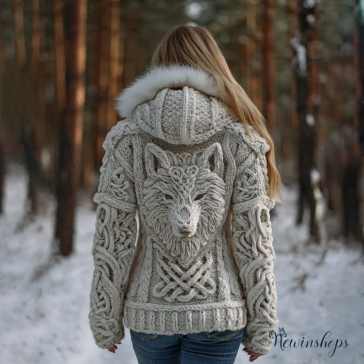 Women's Viking Wolf Celtic Knot Art Cozy Fur Collar Knit Hooded Sweater Jacket