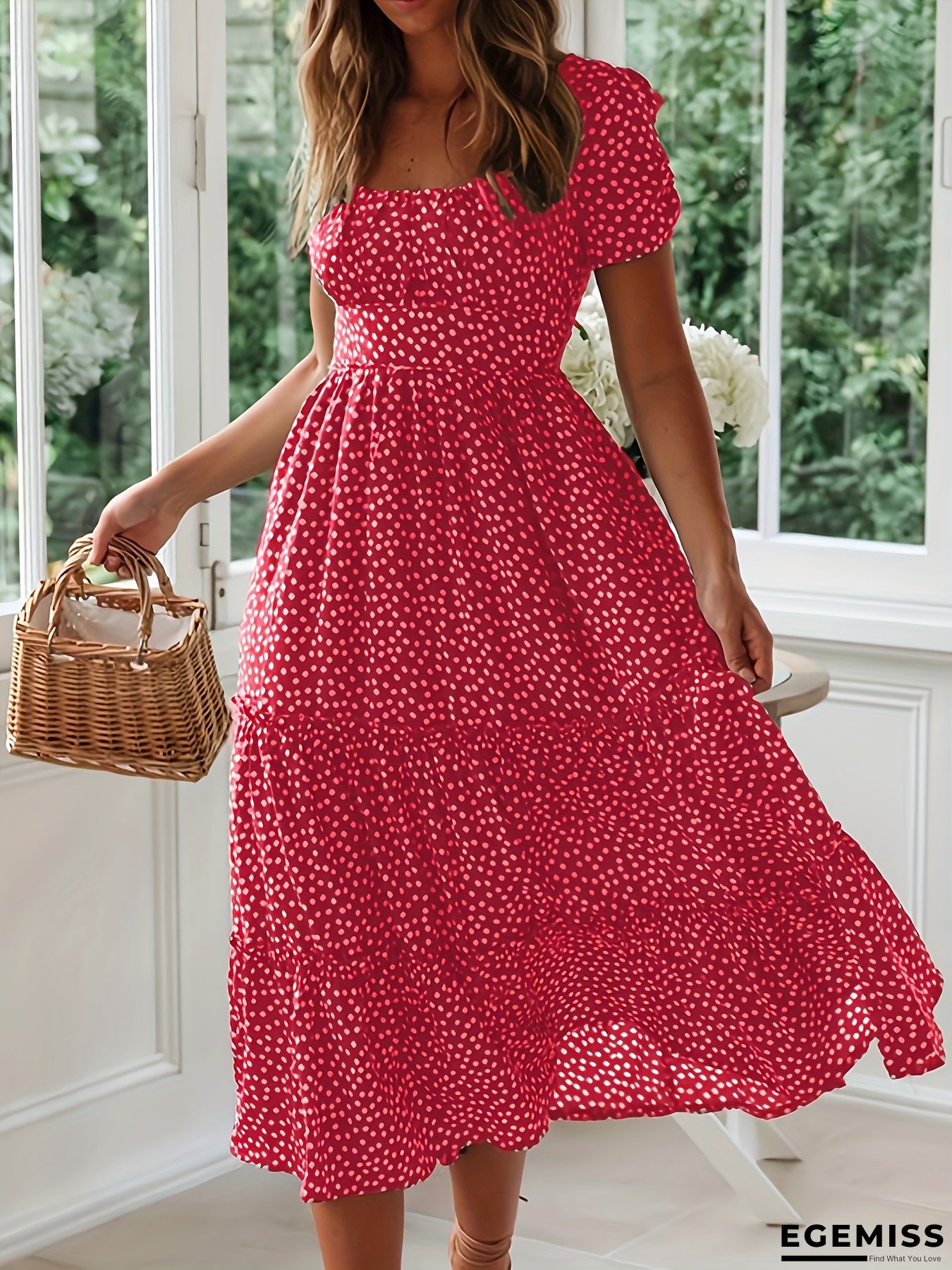 Women's Floral Dress Square Neck Puff Sleeve Tiered Ruffle Midi Dress For Daily Office Party Club | EGEMISS