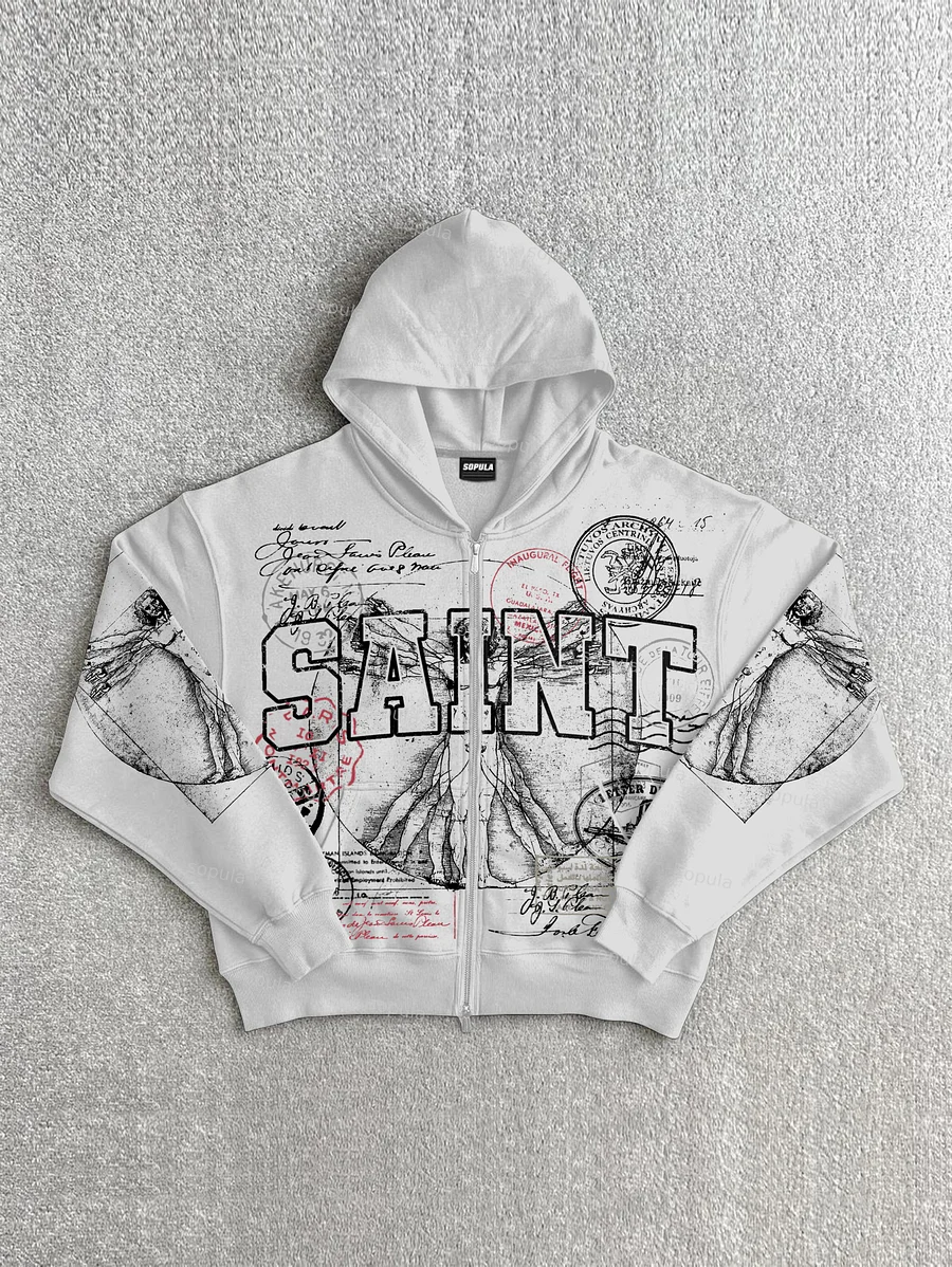 Saints Stamp Collage Vitruvian Man Vintage Art Graphic Zippered Hoodie