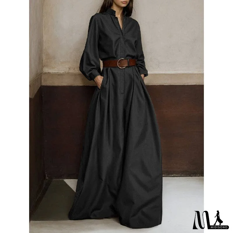 Long Sleeves Loose Buttoned No Belt Solid Color V-neck Jumpsuits