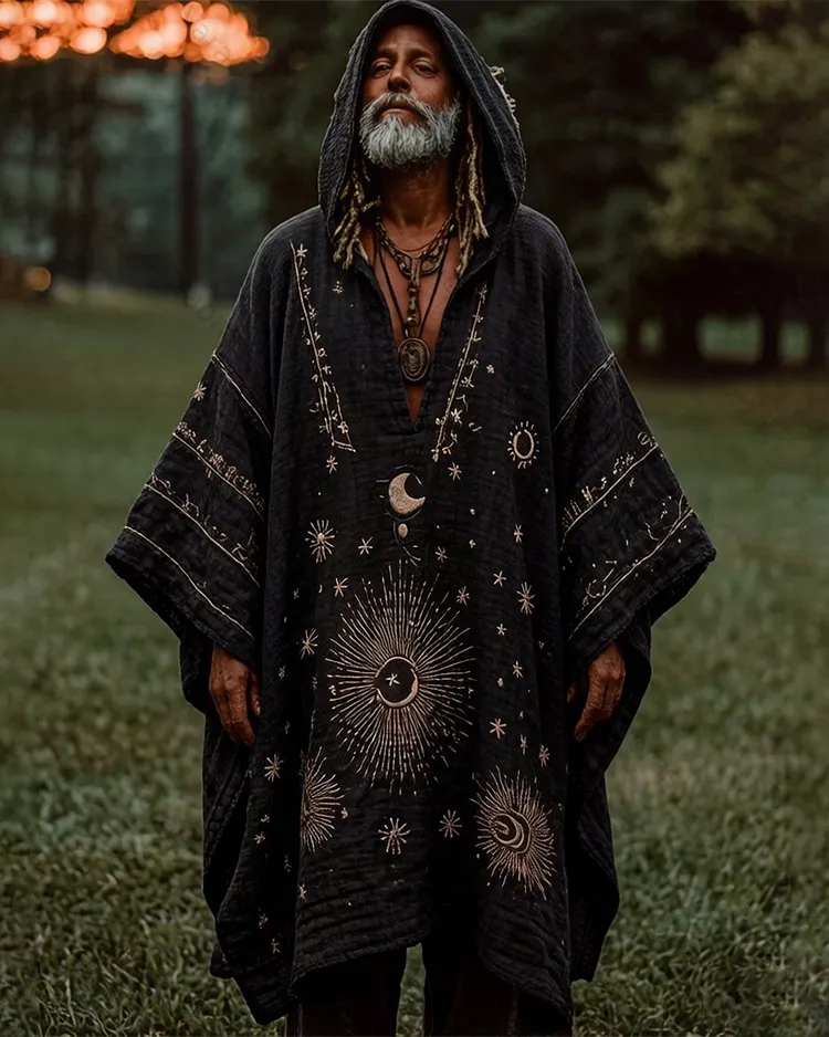 Men's Summer Star and Moon Embroidered Linen Hooded Kaftan 1213