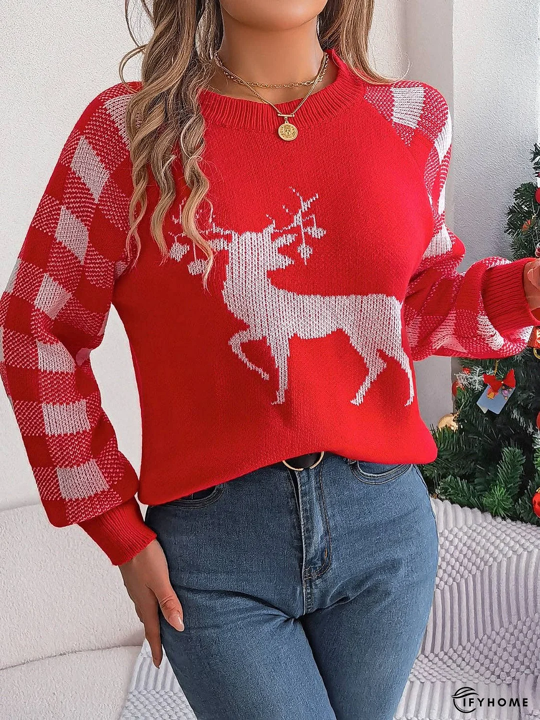 Reindeer Plaid Round Neck Long Sleeve Sweater | IFYHOME