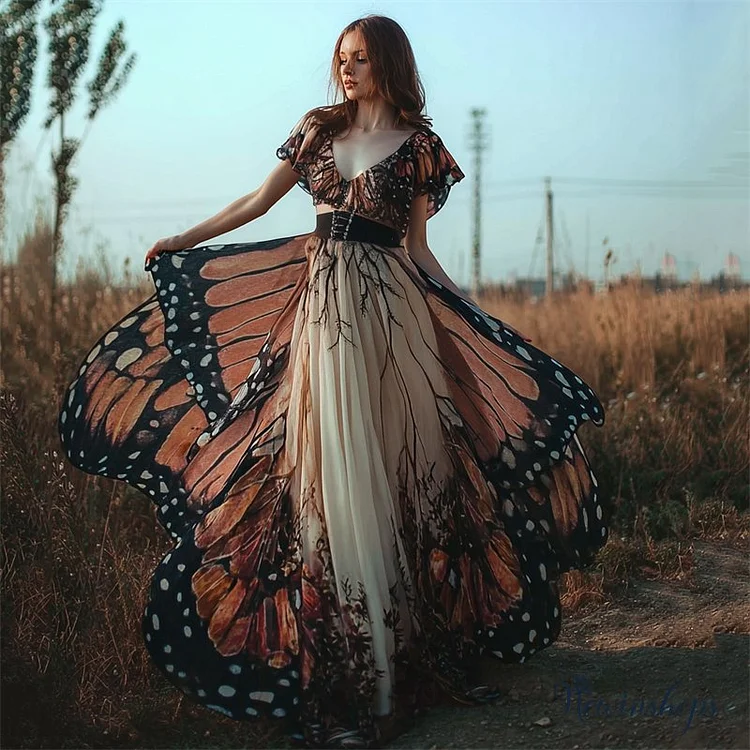 Vintage Mystical Butterfly Inspired Dyed Flowy Maxi Dress