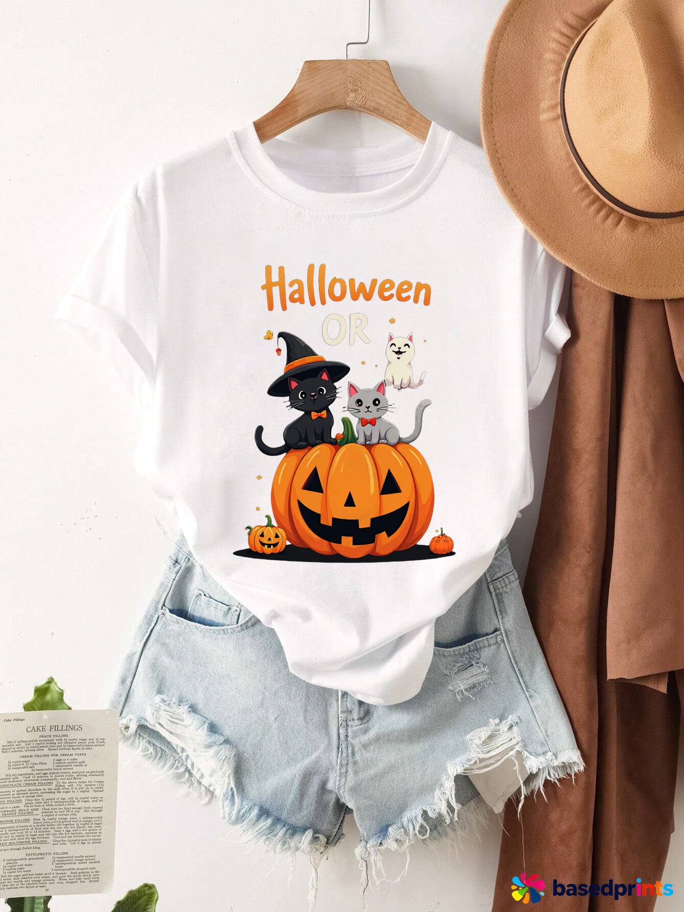 Halloween Cat Pumpkin T-Shirt Women Short Sleeve Casual Tee Shirt