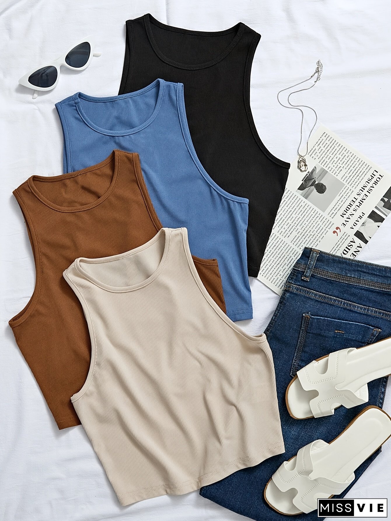 Zd1224361 4pcs Ribbed Solid Color Vest Set