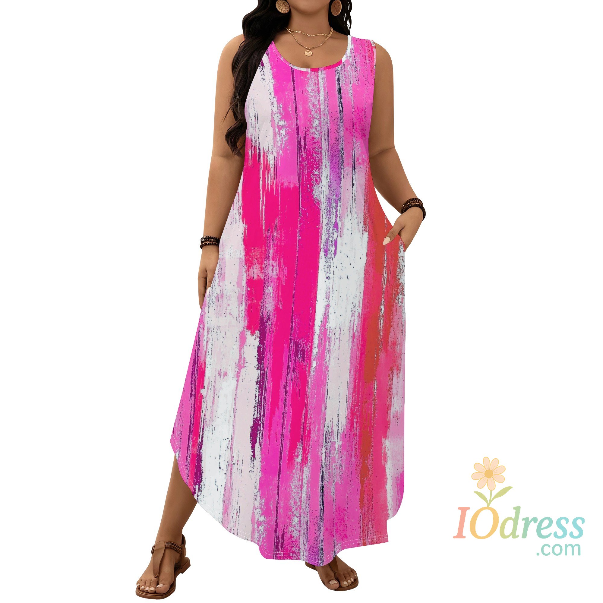IO Dress Plus Size Brushstroke Print Maxi Dress XL-6XL Earth Tone Sleeveless Style for Autumn Brunch, Art Walk or Everyday Look IO Dress Store