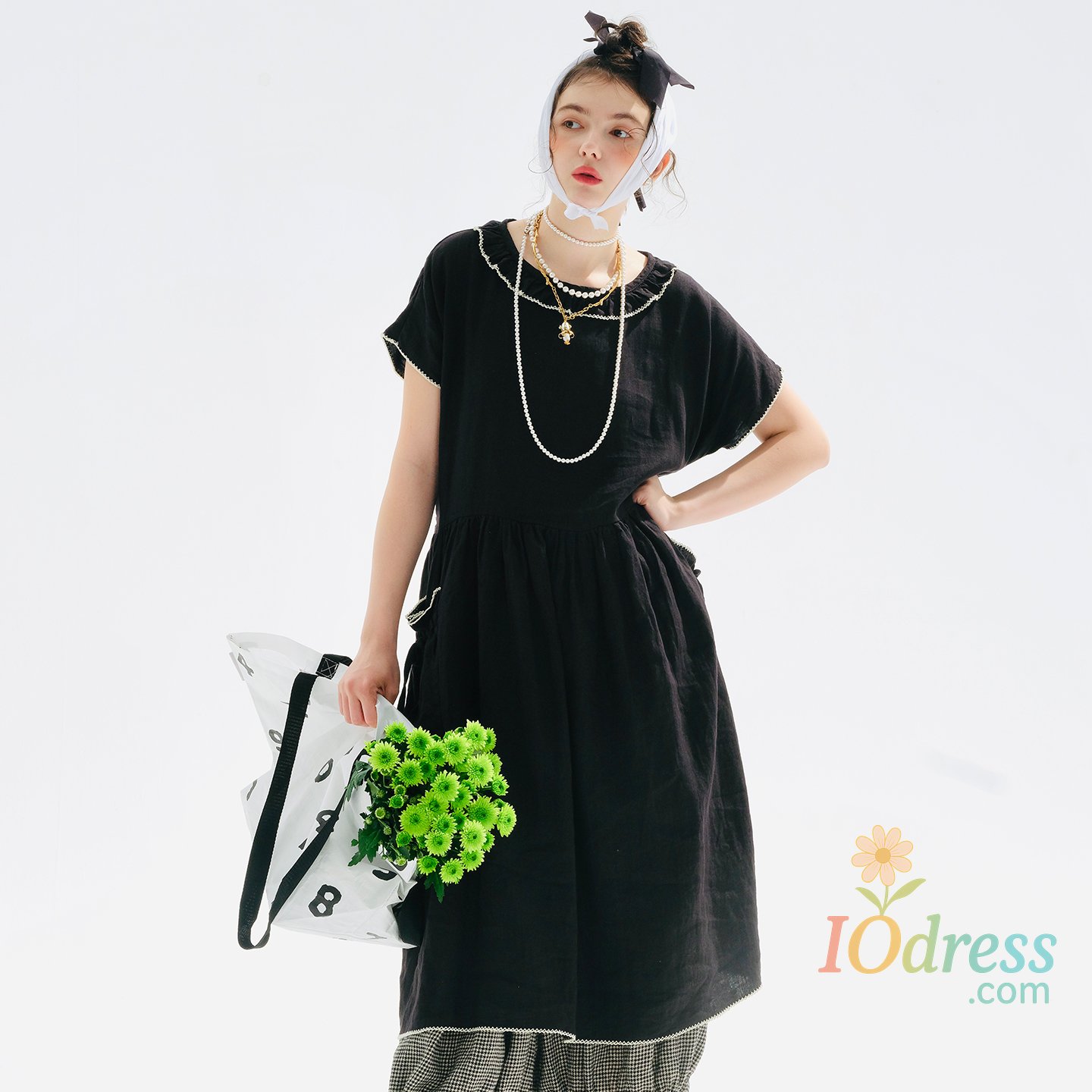 IO Dress Women's Black Short - Sleeve Midi Dress with White Stitching Detail and Pocket Design Casual Loose Fit Dress 255200 IO Dress